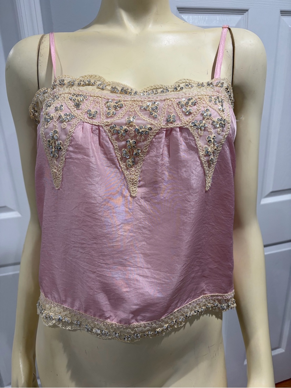 Guess Embroidered Pink 100 % Silk Camisole with Lace Trim/ Size Medium